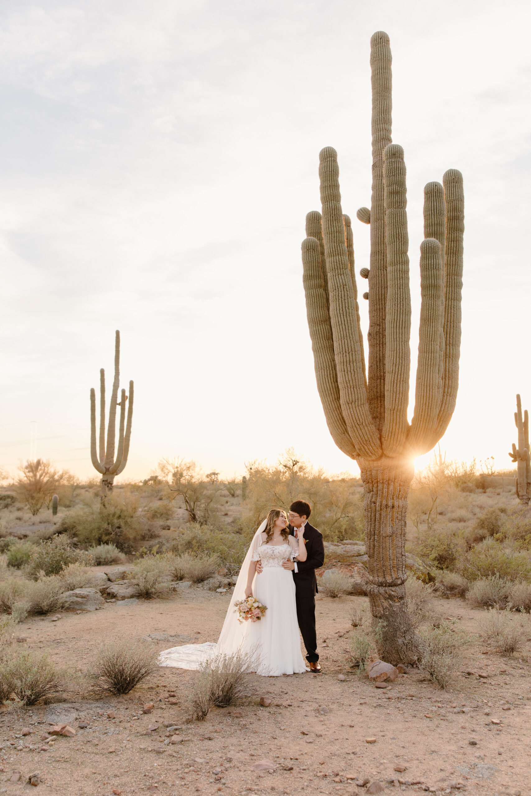 Bride and groom embracing in a desert landscape, large saguaro cactus behind them with sun flare peeking through.