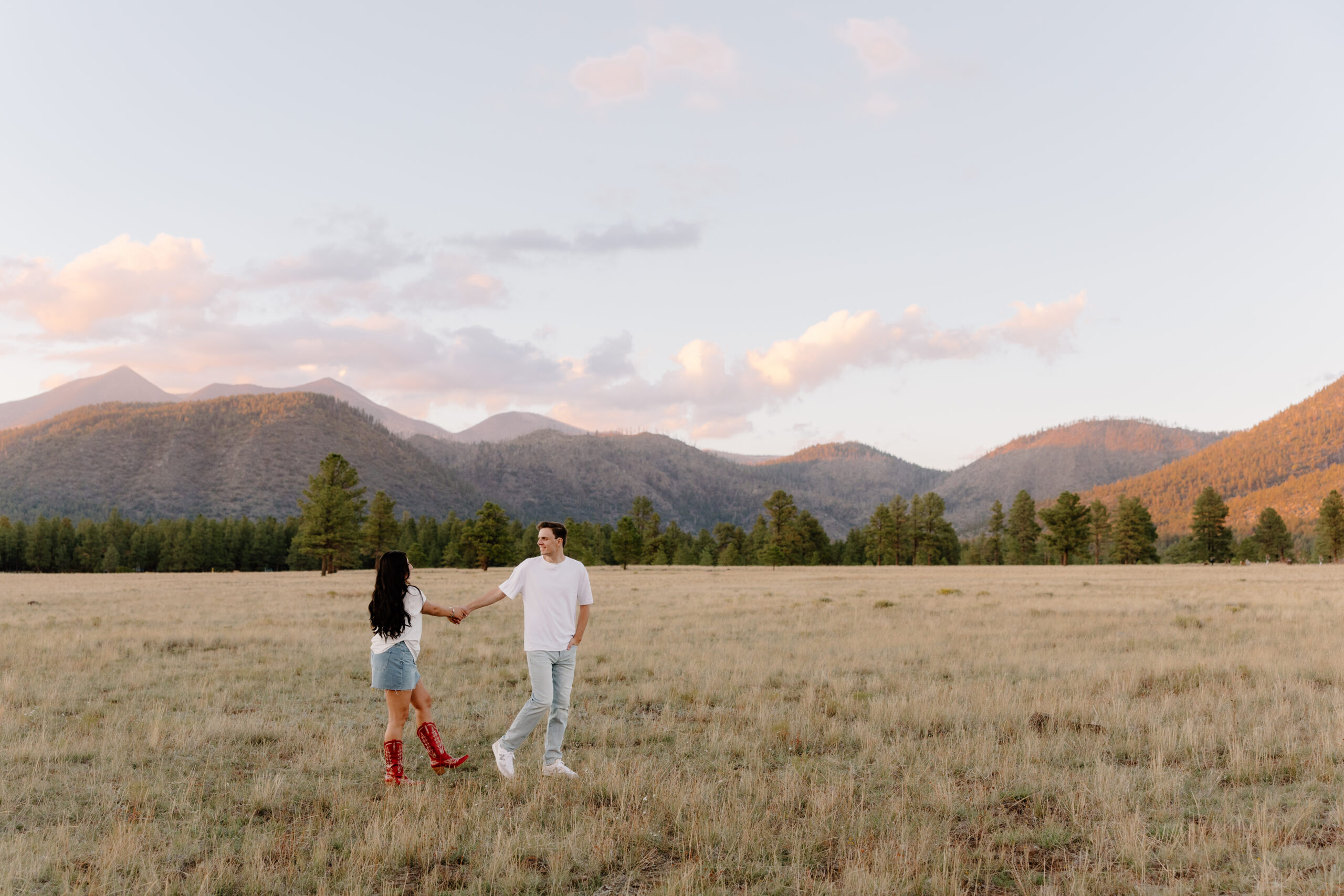 Couple walking hand in hand through a forest meadow with soft golden light filtering through the trees, creating a peaceful and intimate engagement moment.