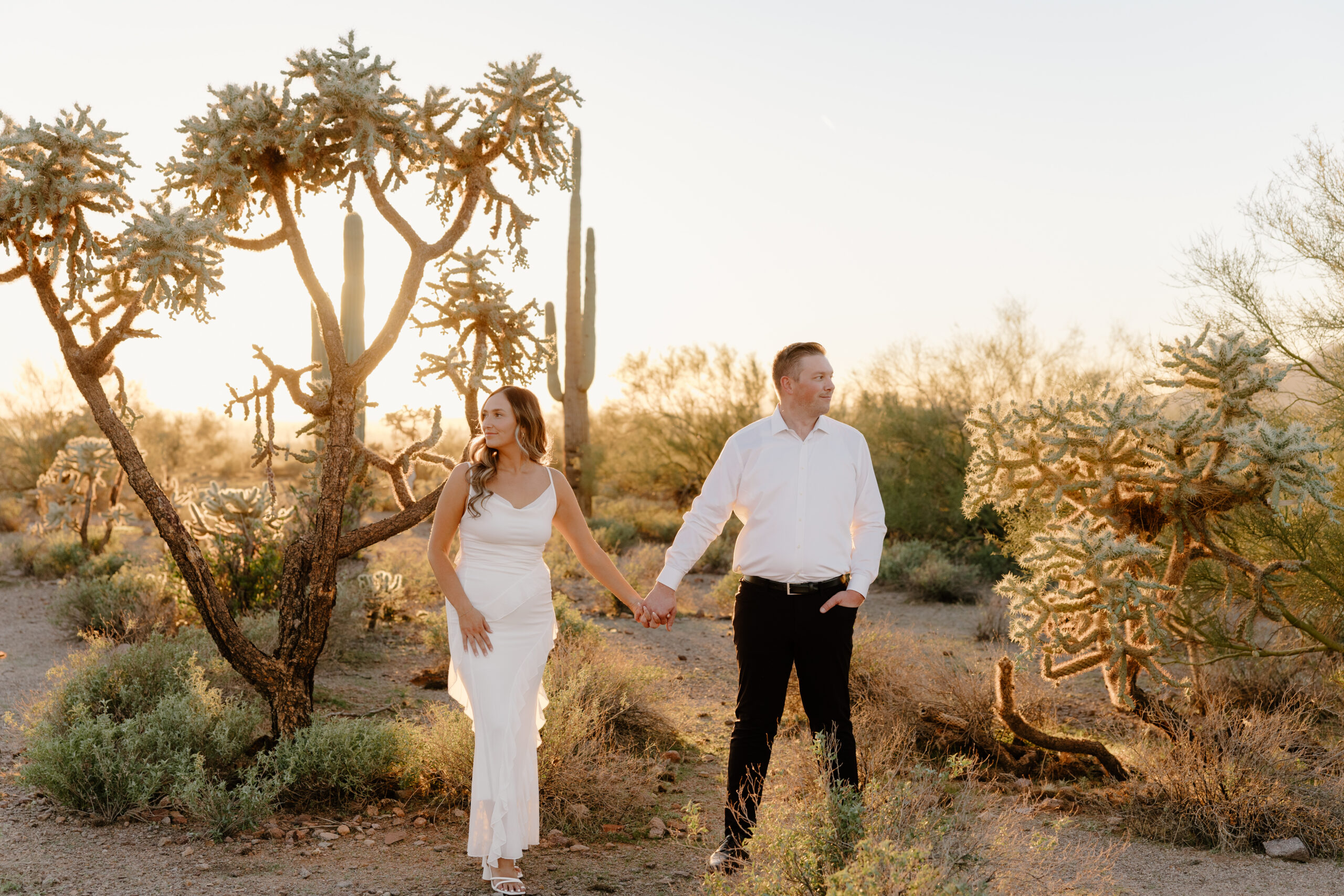 Couple holding hands in the desert beside tall cacti and cholla plants during golden hour, showcasing the natural beauty of Arizona proposal locations.