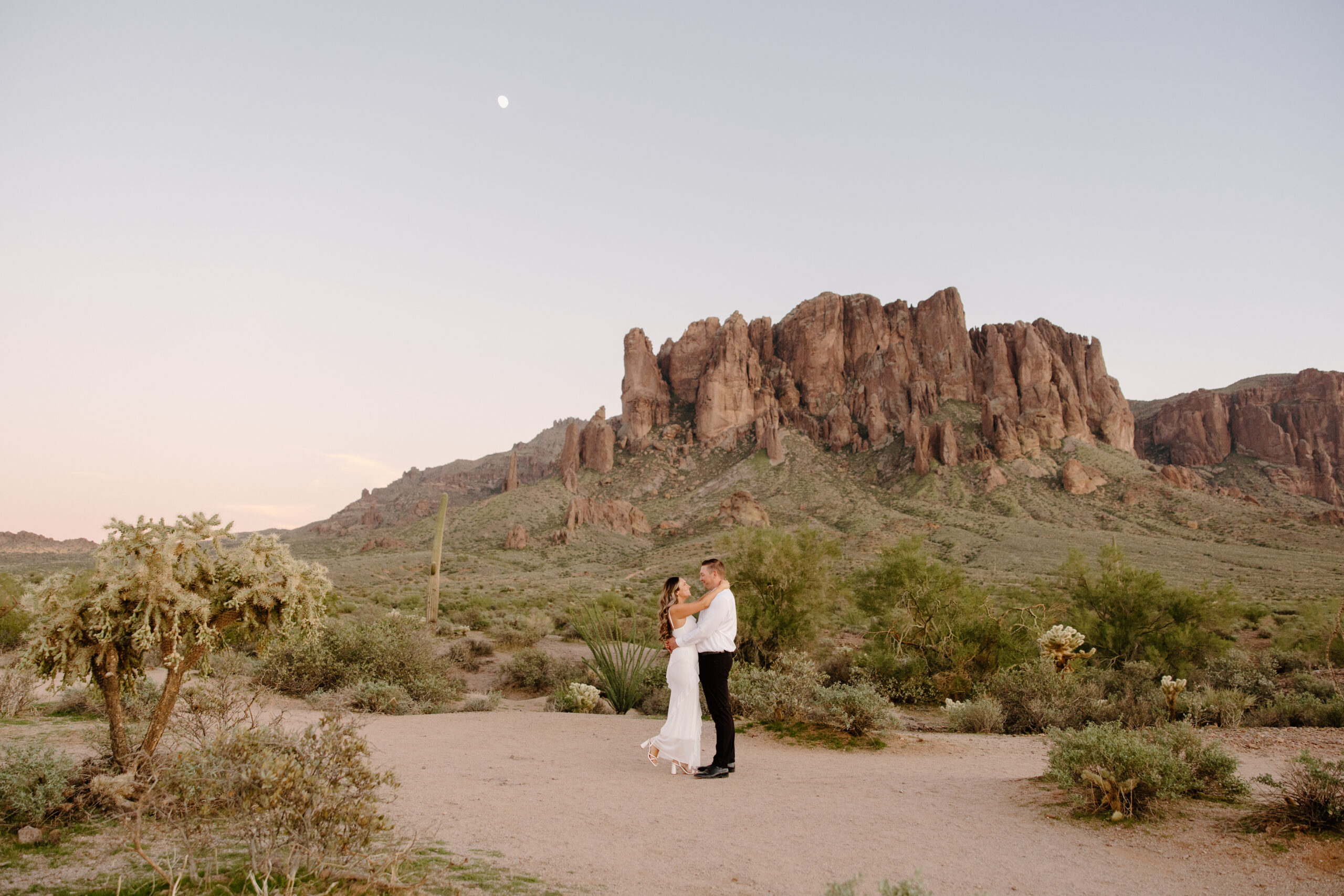 Wide shot of a couple standing together in front of dramatic desert rock formations and cacti, glowing in soft evening light.